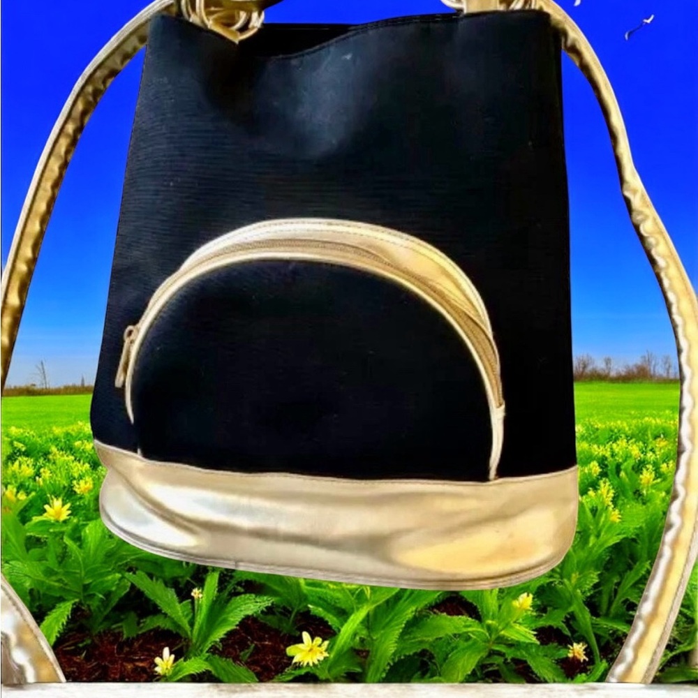 Comeco Vintage Crossbody Bucket Handbag Black Fabric + Gold Faux Leather